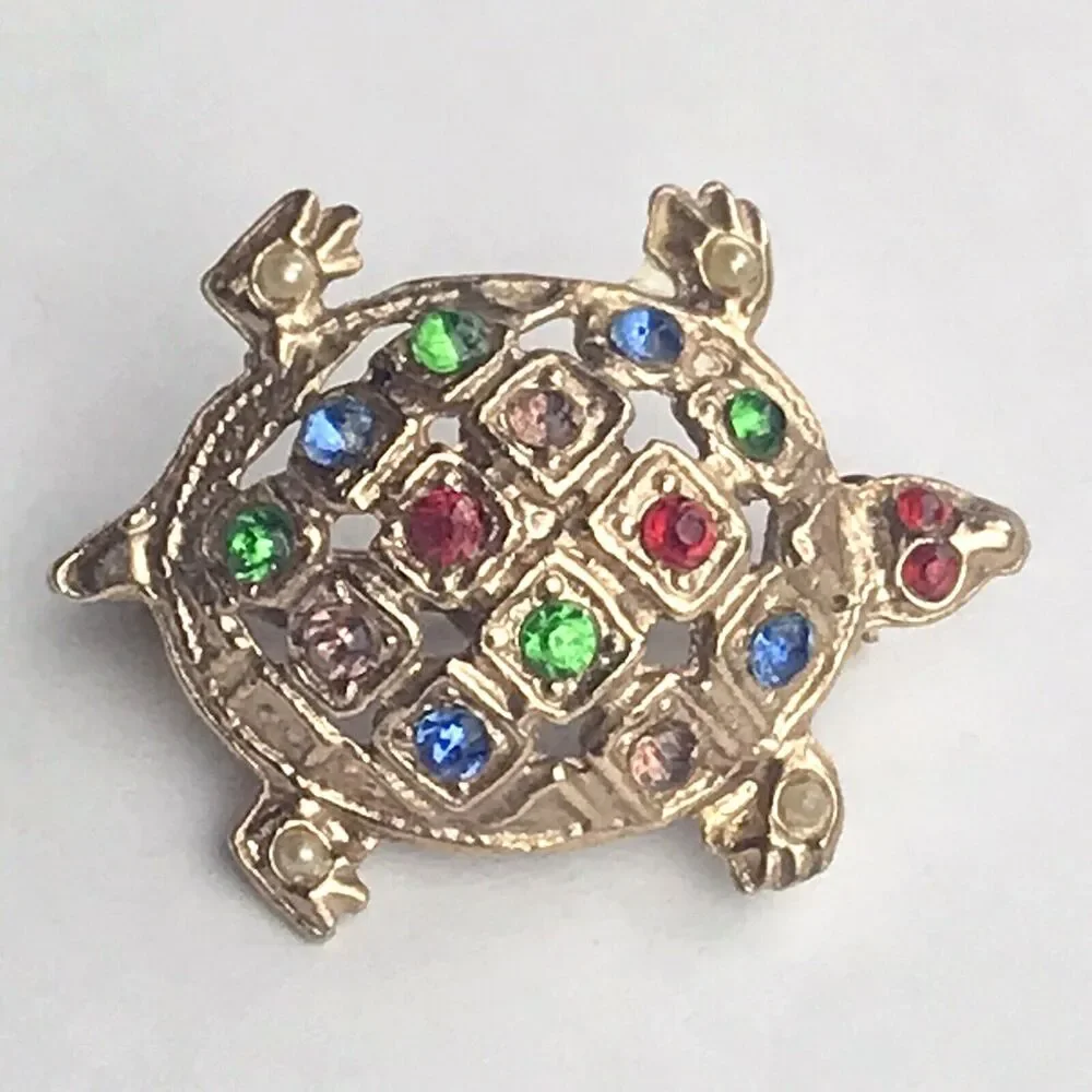 Turtle Fancy Multi Color Jeweled Brooch Pin Vintage Gold Tone